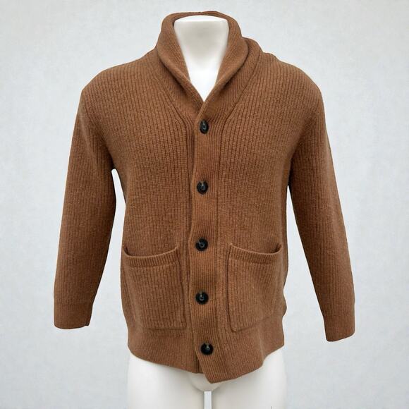Everlane Shawl Cardigan Sweater Sz L 100% Wool Tan 5 Button Relaxed Grandpacore - Picture 1 of 11